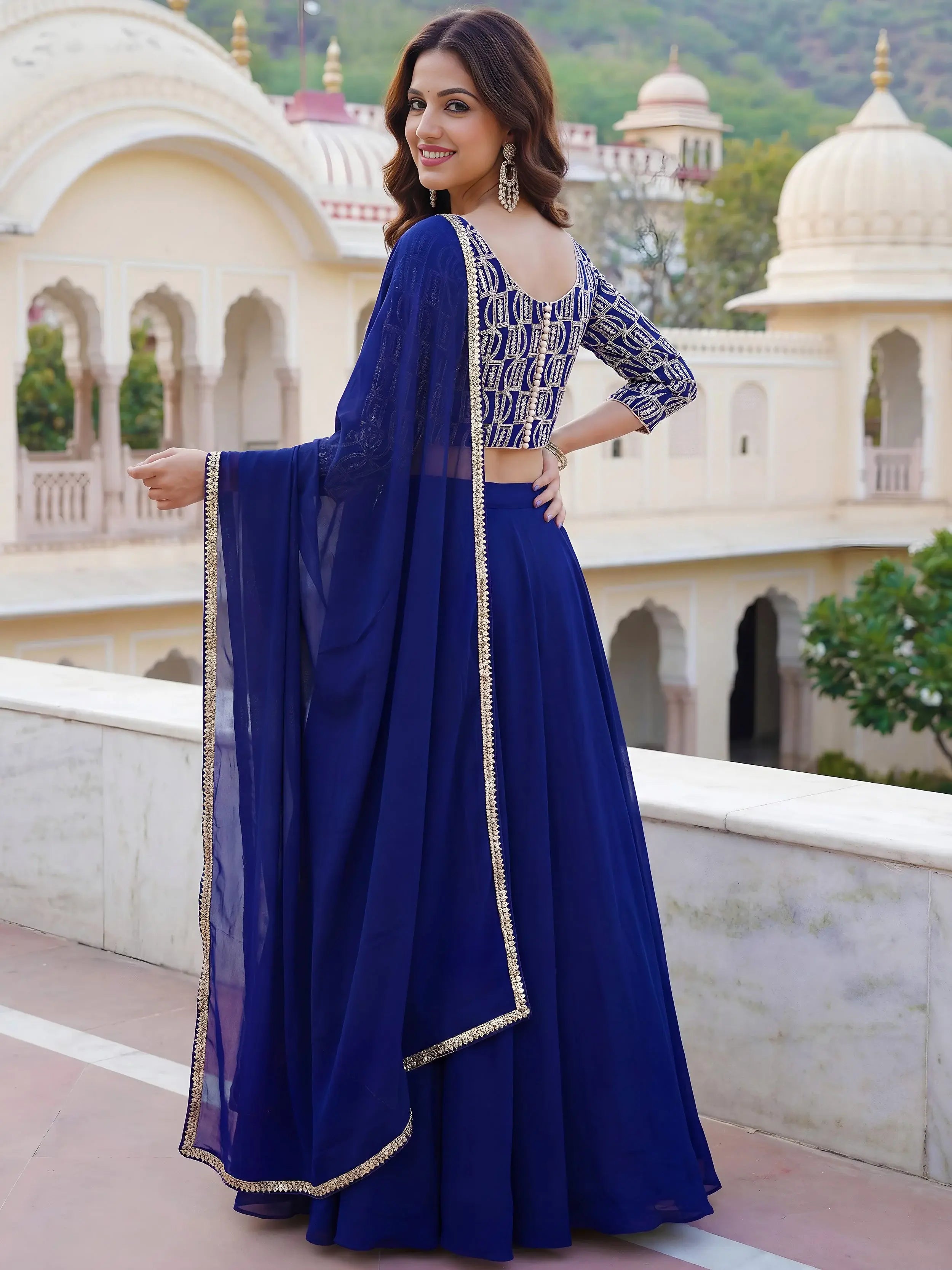 Wonderful Royal Blue Embroidered Georgette Festive Wear Lehenga Choli