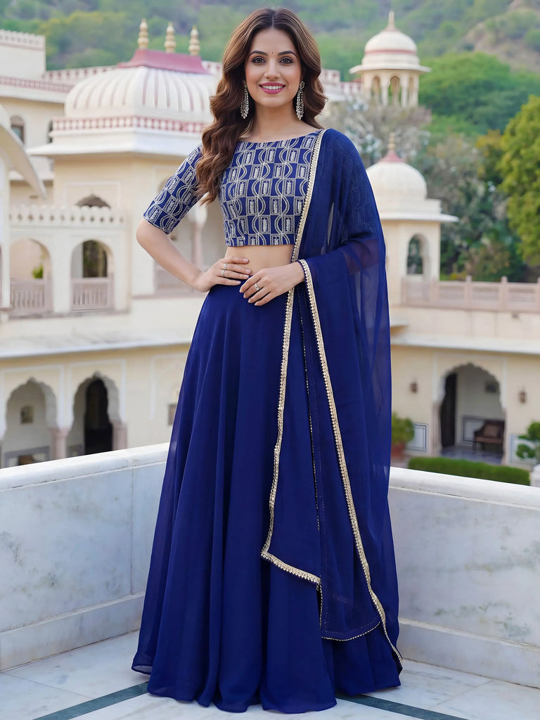 Wonderful Royal Blue Embroidered Georgette Festive Wear Lehenga Choli