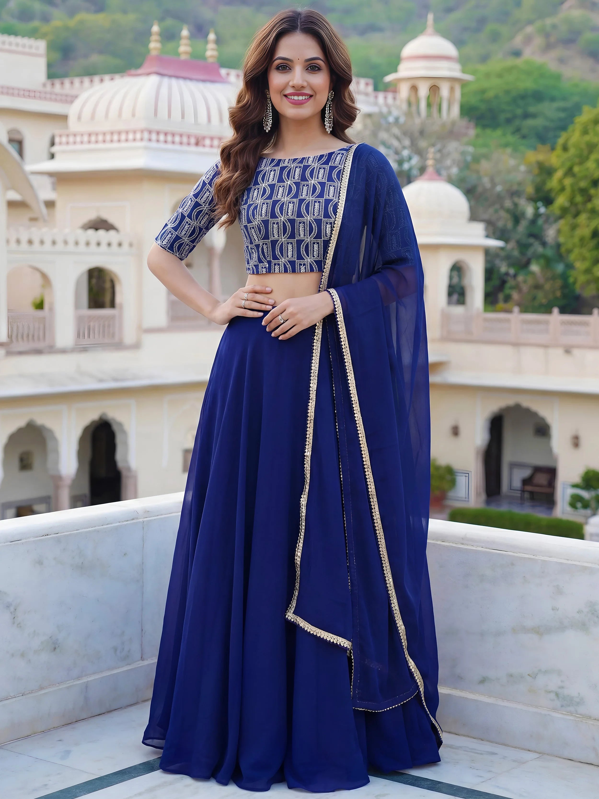 Glowing Blue Embroidered Georgette Sangeet Wear Plus Size Lehenga Choli