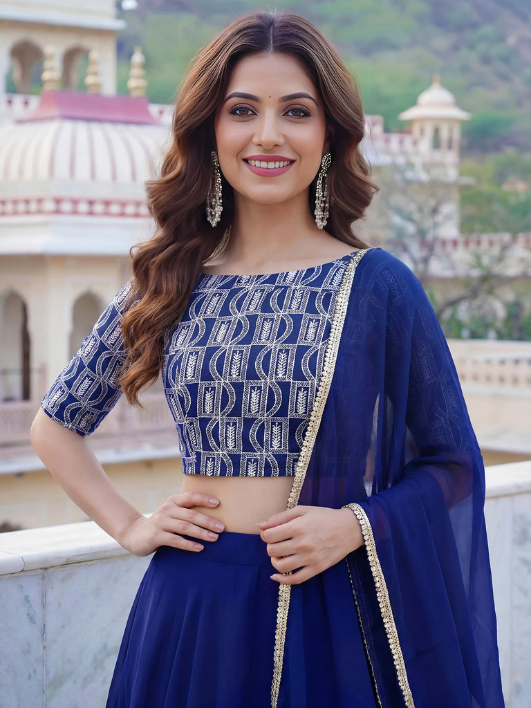 Glowing Blue Embroidered Georgette Sangeet Wear Plus Size Lehenga Choli