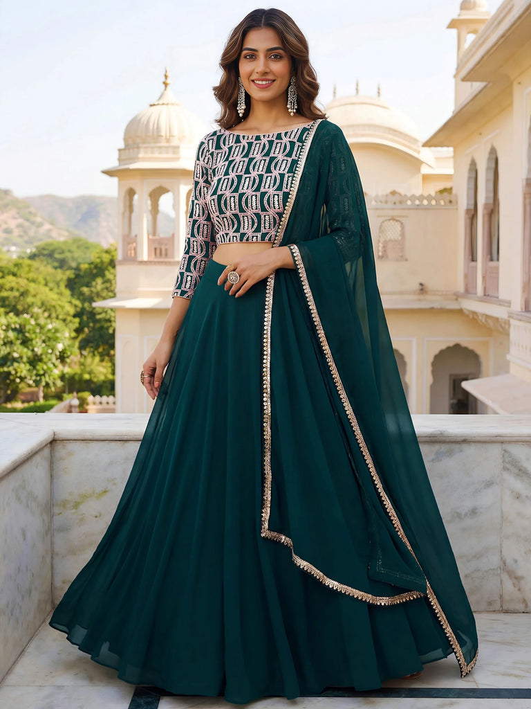 Great Green Embroidered Georgette Festive Wear Plus Size Lehenga Choli