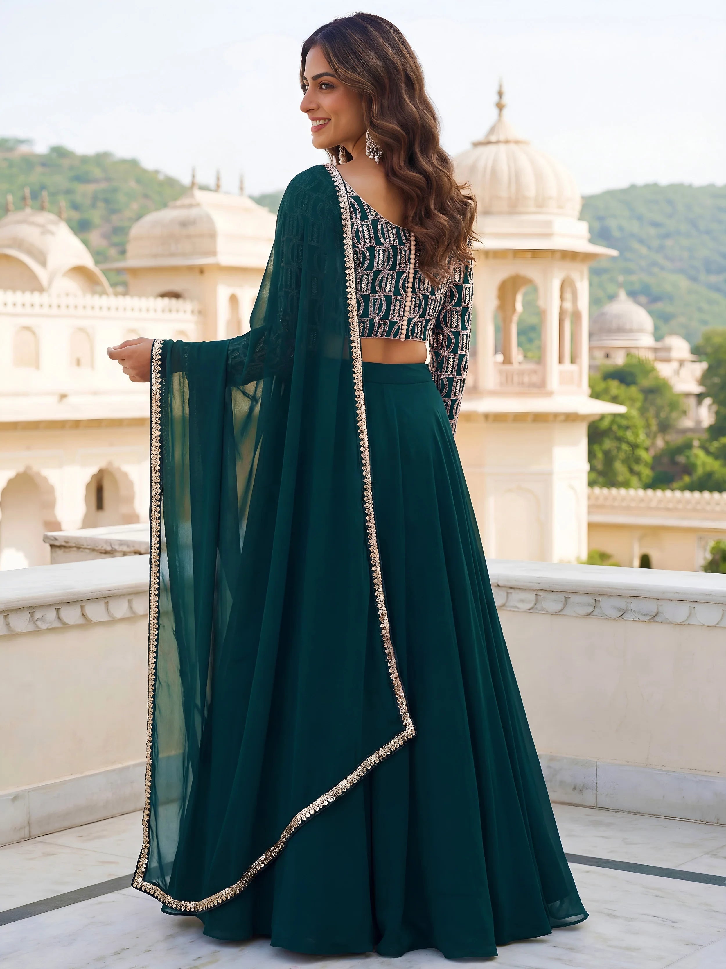 Great Green Embroidered Georgette Festive Wear Plus Size Lehenga Choli