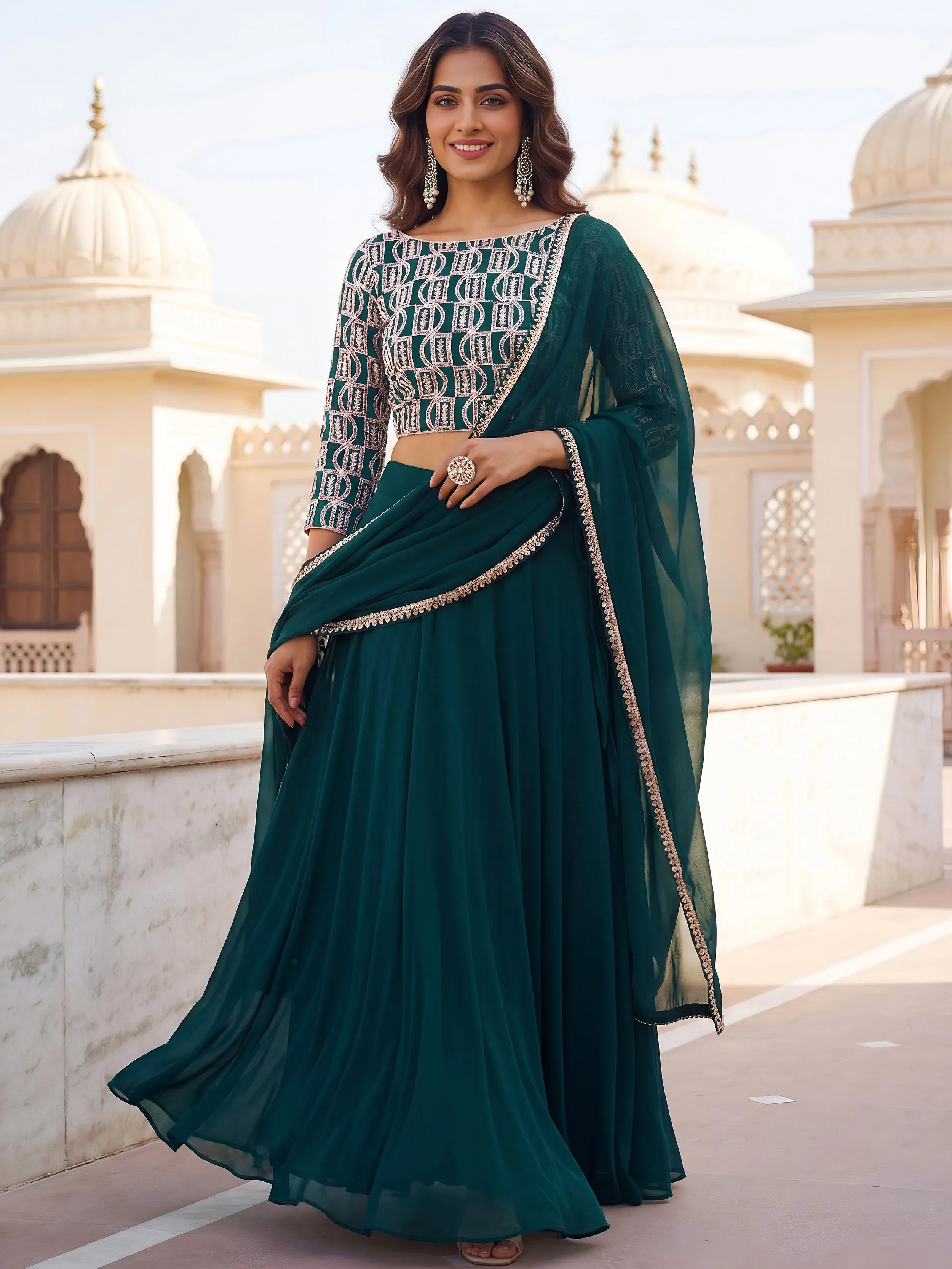Great Green Embroidered Georgette Festive Wear Plus Size Lehenga Choli