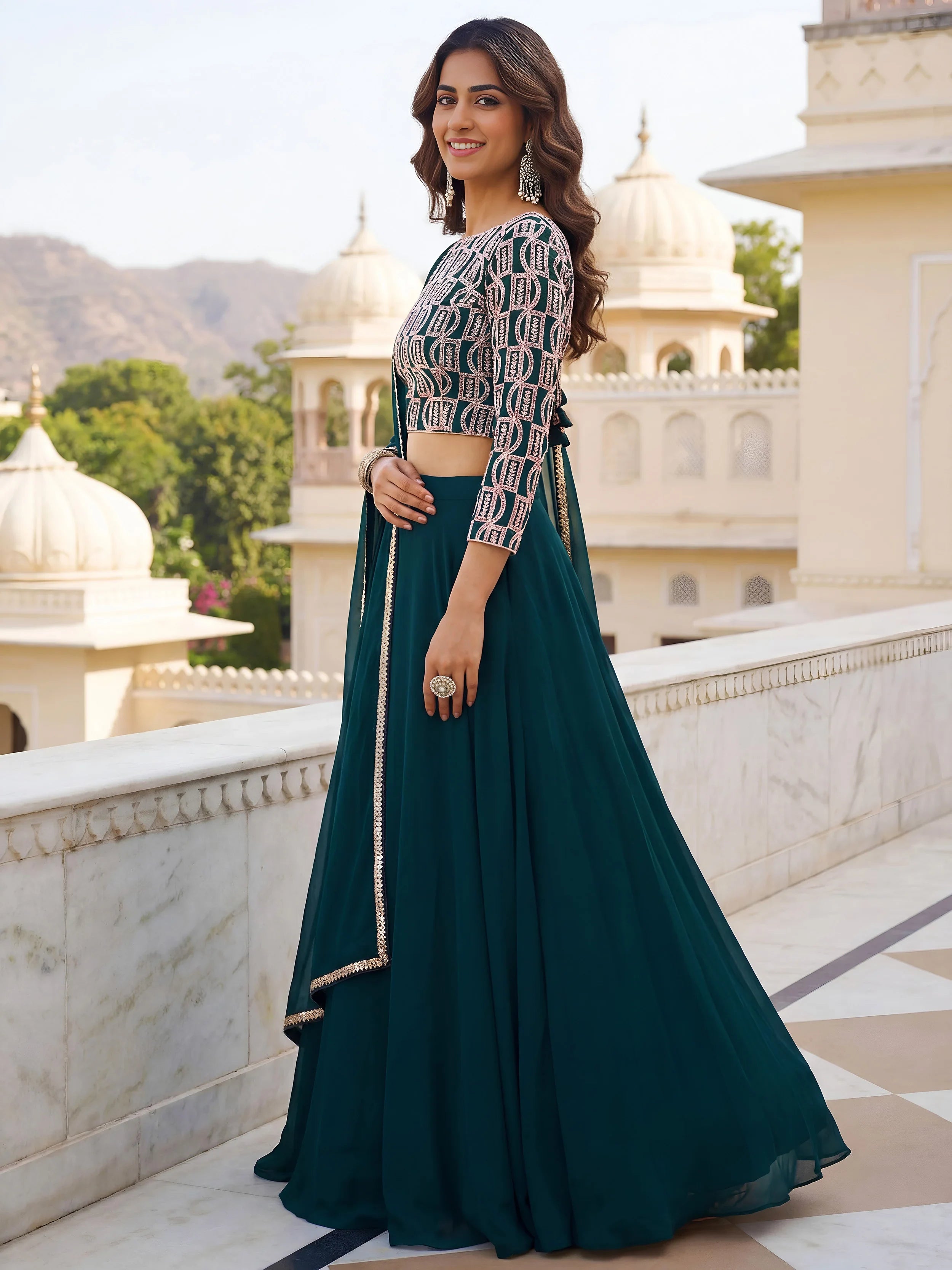 Great Green Embroidered Georgette Festive Wear Plus Size Lehenga Choli
