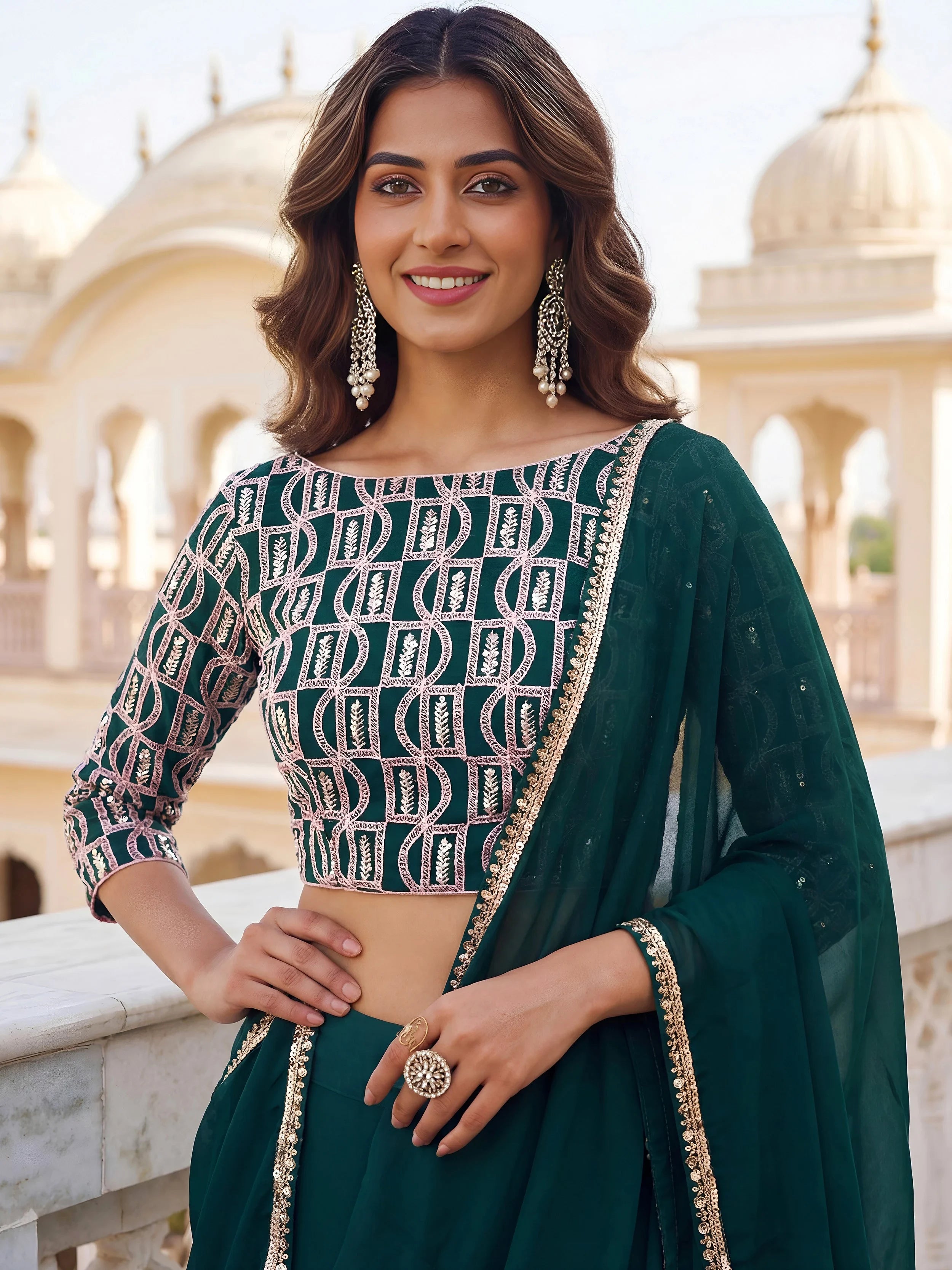 Great Green Embroidered Georgette Festive Wear Plus Size Lehenga Choli