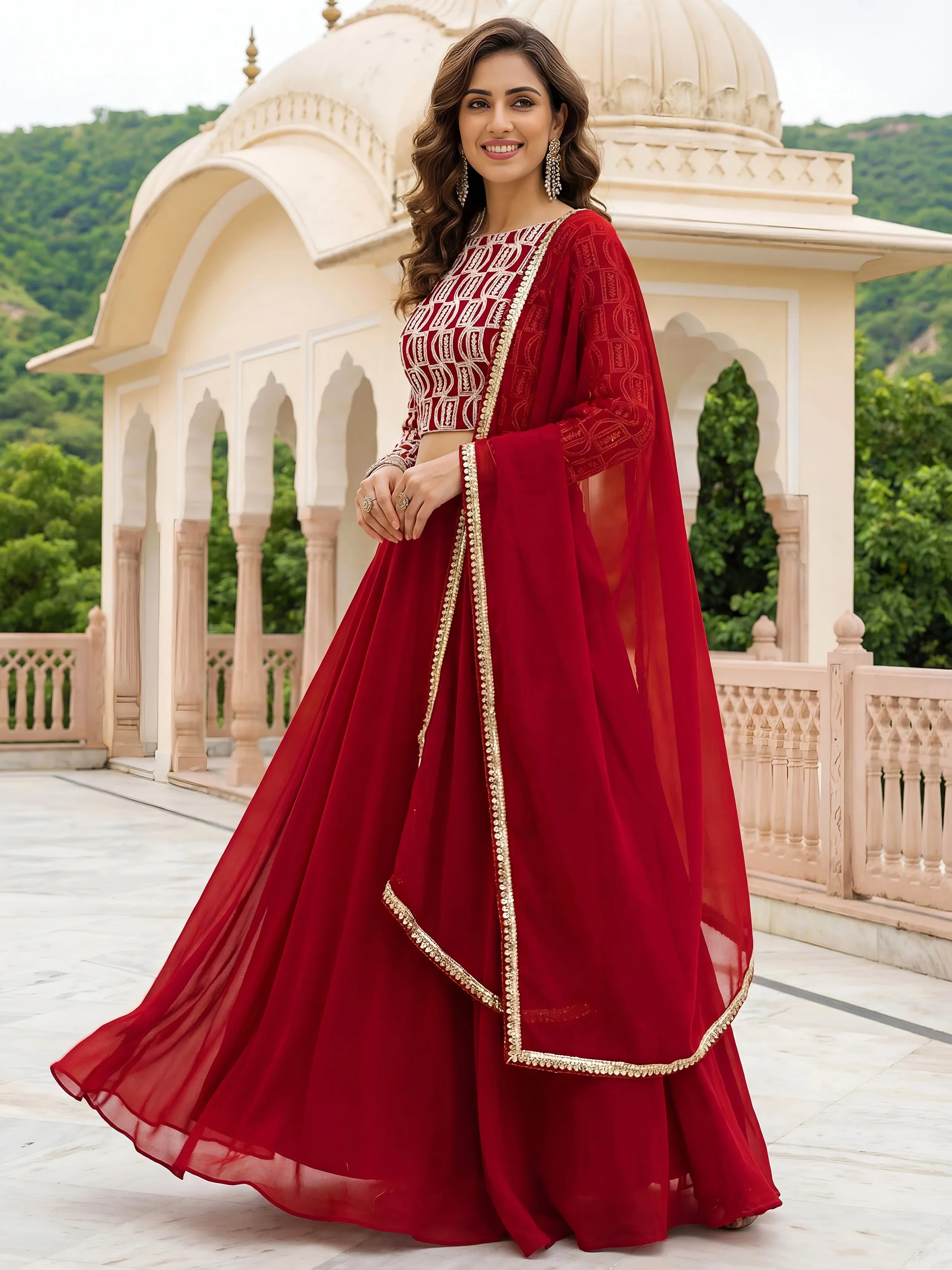 Gorgeous Red Embroidered Georgette Function Wear Plus Size Lehenga Choli
