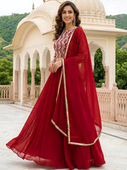 Outstanding Red Embroidered Georgette Function Wear Lehenga Choli