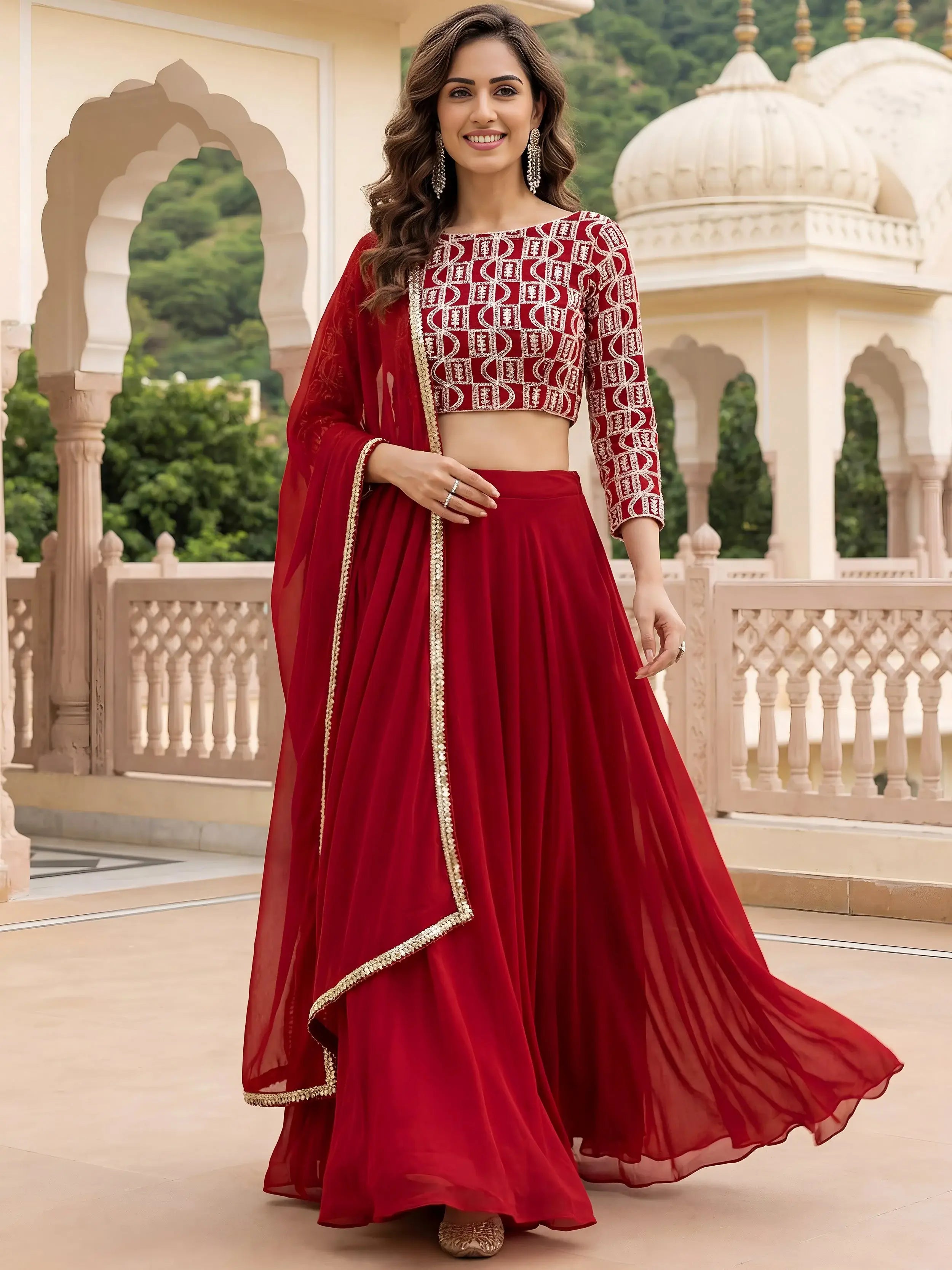 Outstanding Red Embroidered Georgette Function Wear Lehenga Choli