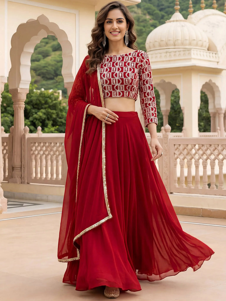 Outstanding Red Embroidered Georgette Function Wear Lehenga Choli
