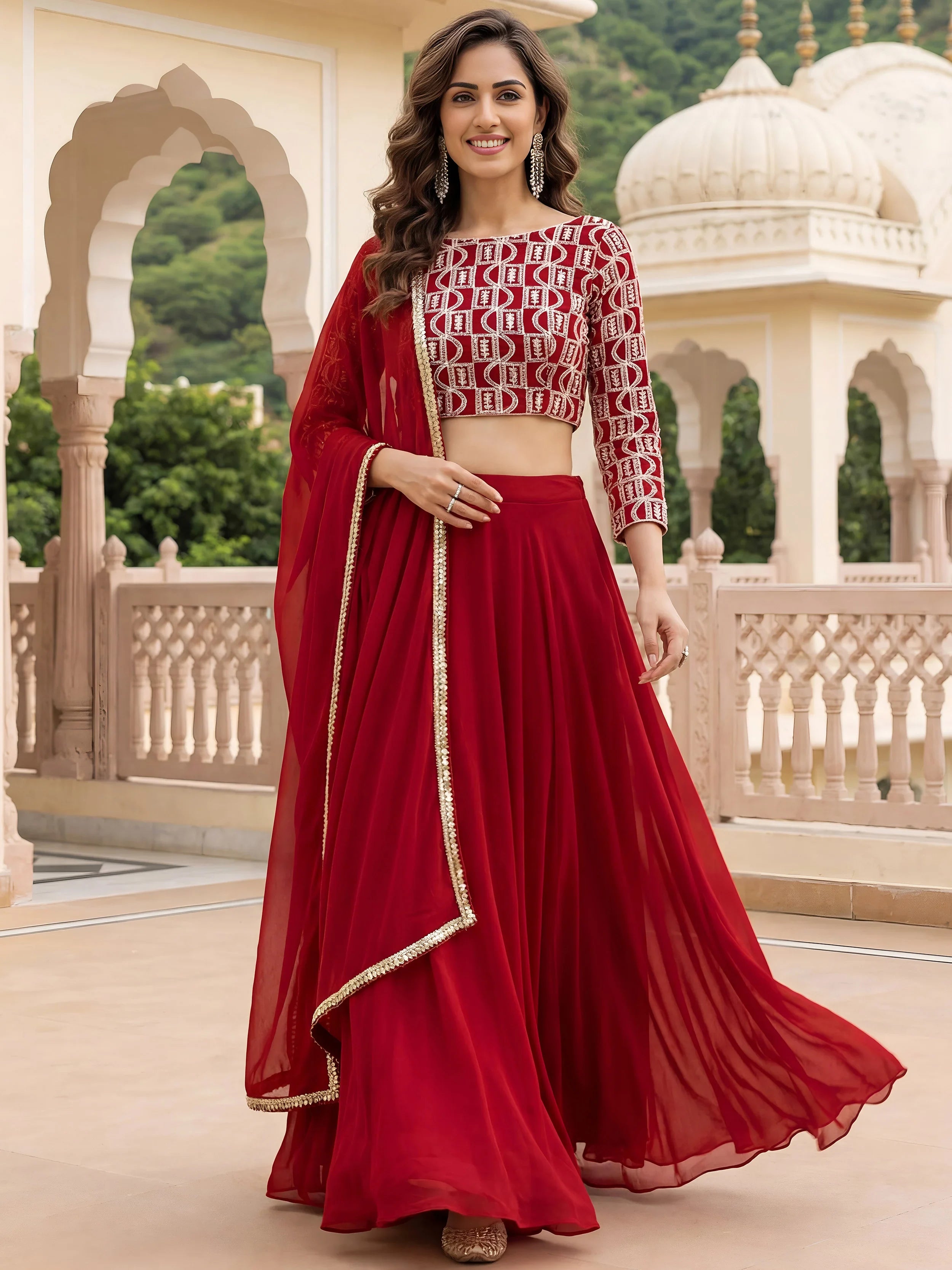 Gorgeous Red Embroidered Georgette Function Wear Plus Size Lehenga Choli