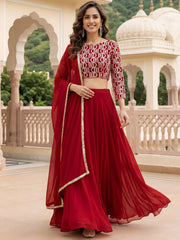 Outstanding Red Embroidered Georgette Function Wear Lehenga Choli