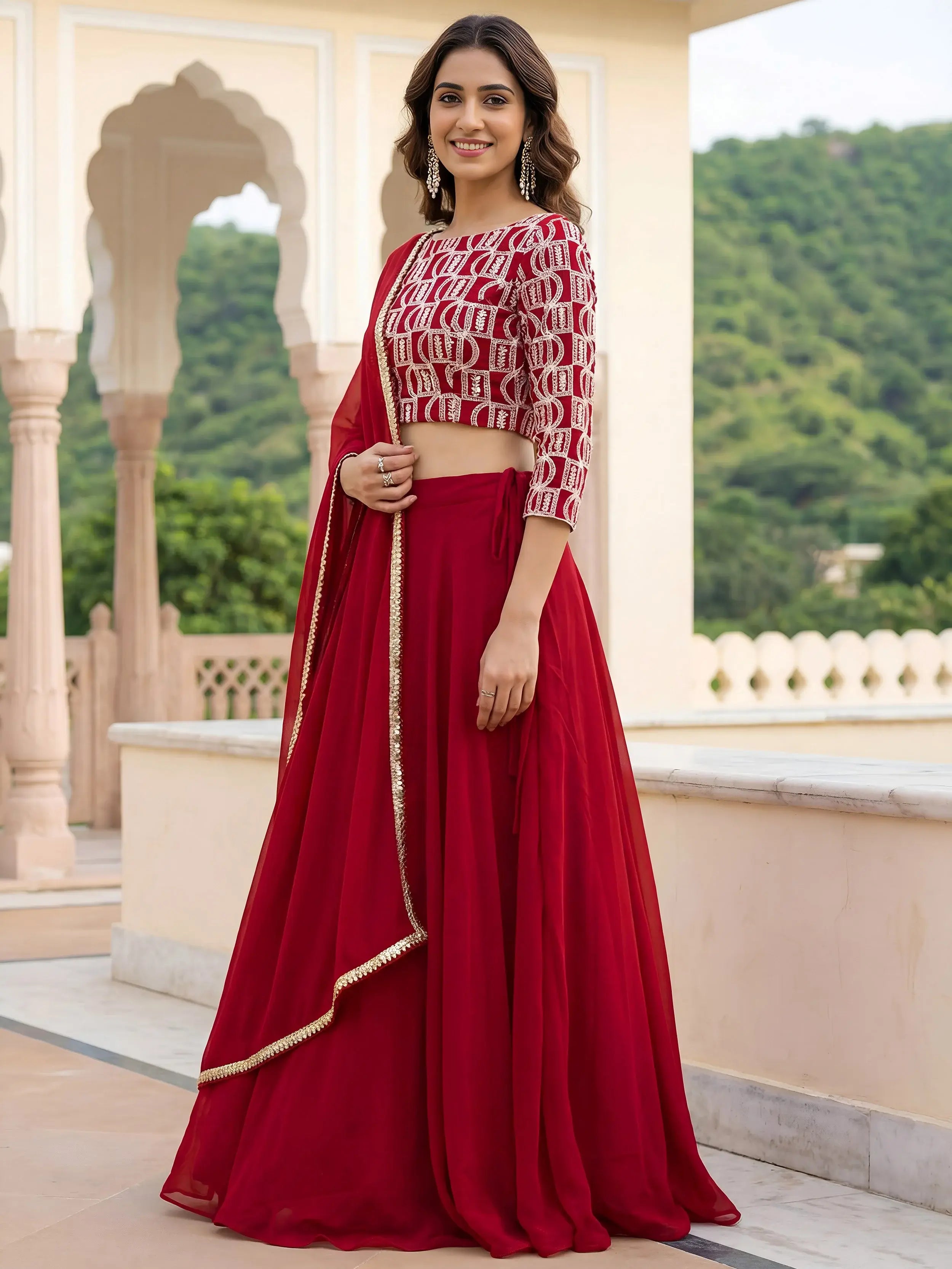 Outstanding Red Embroidered Georgette Function Wear Lehenga Choli