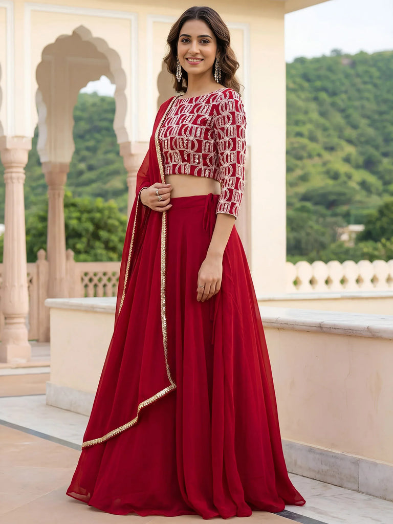 Gorgeous Red Embroidered Georgette Function Wear Plus Size Lehenga Choli