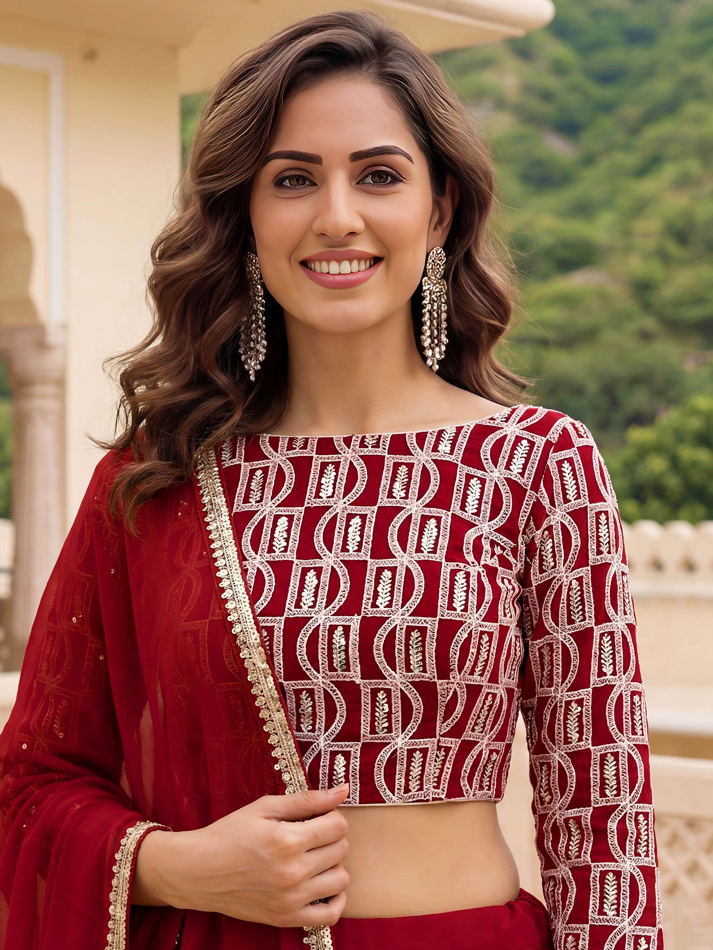 Outstanding Red Embroidered Georgette Function Wear Lehenga Choli