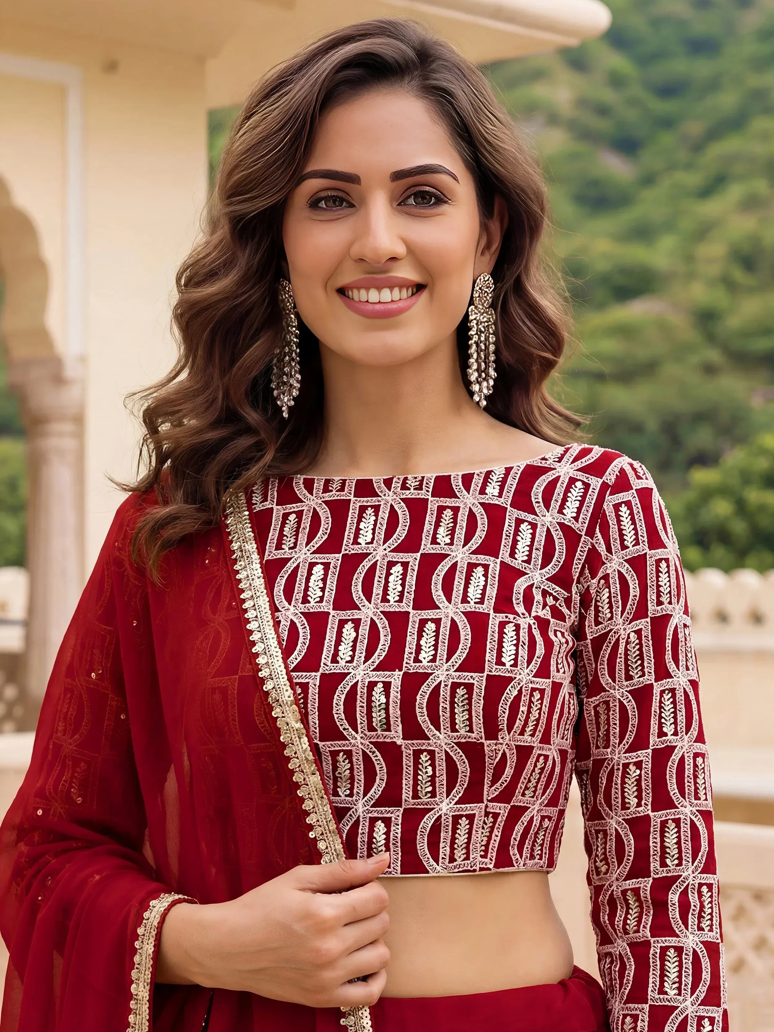 Gorgeous Red Embroidered Georgette Function Wear Plus Size Lehenga Choli