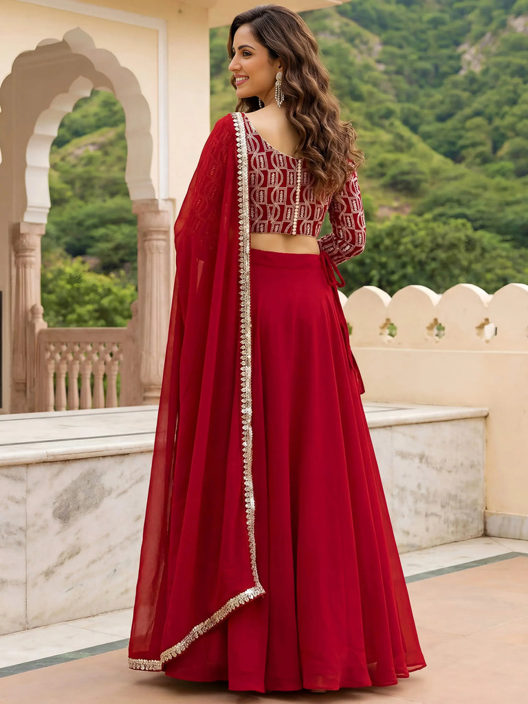 Outstanding Red Embroidered Georgette Function Wear Lehenga Choli