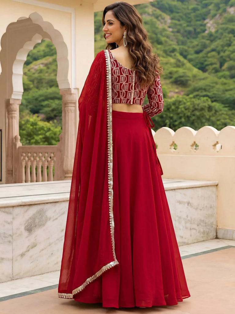 Gorgeous Red Embroidered Georgette Function Wear Plus Size Lehenga Choli