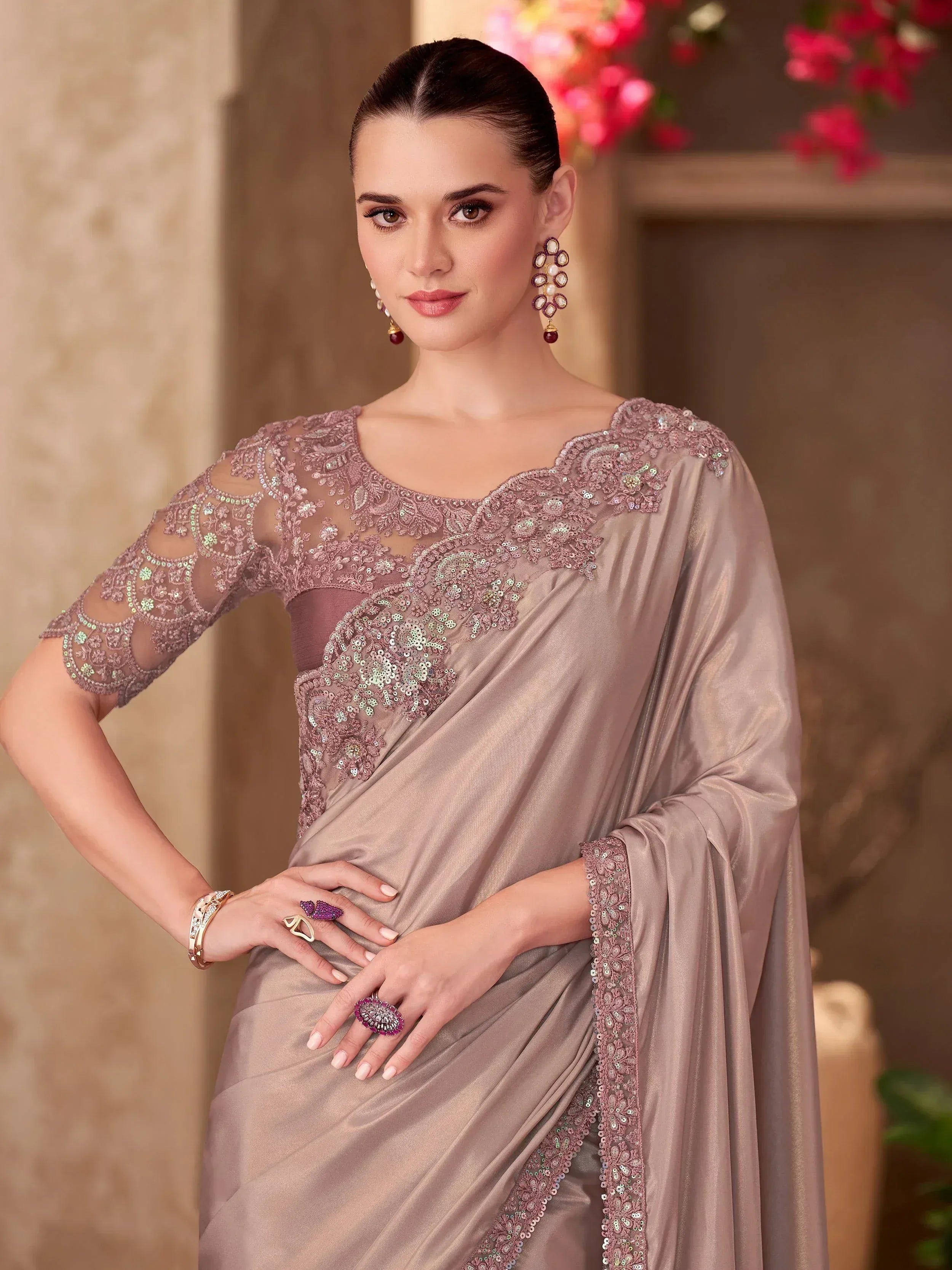 Elegant mauve saree with sequin embroidery, perfect for Indian ethnic wear events