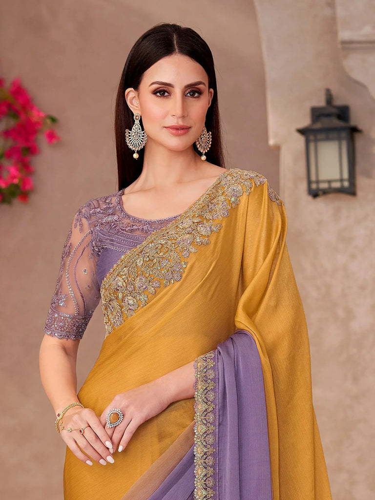Timeless Mustard Yellow Border Work Chiffon Saree With Blouse