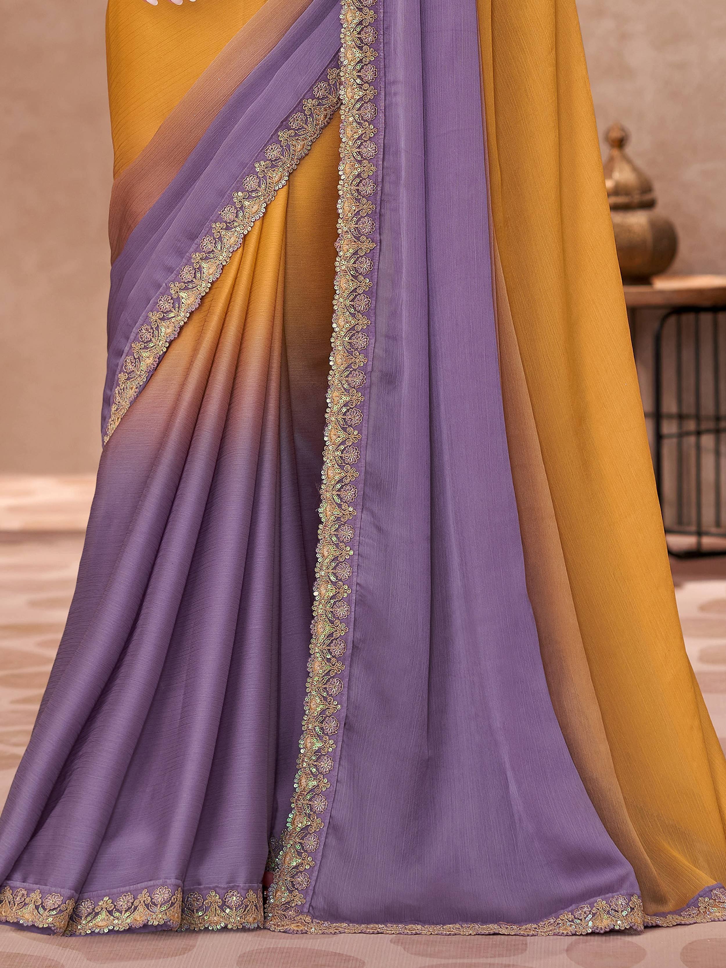 Purple and mustard designer saree with gold floral embroidery, perfect for Indian ethnic wear occasions.
