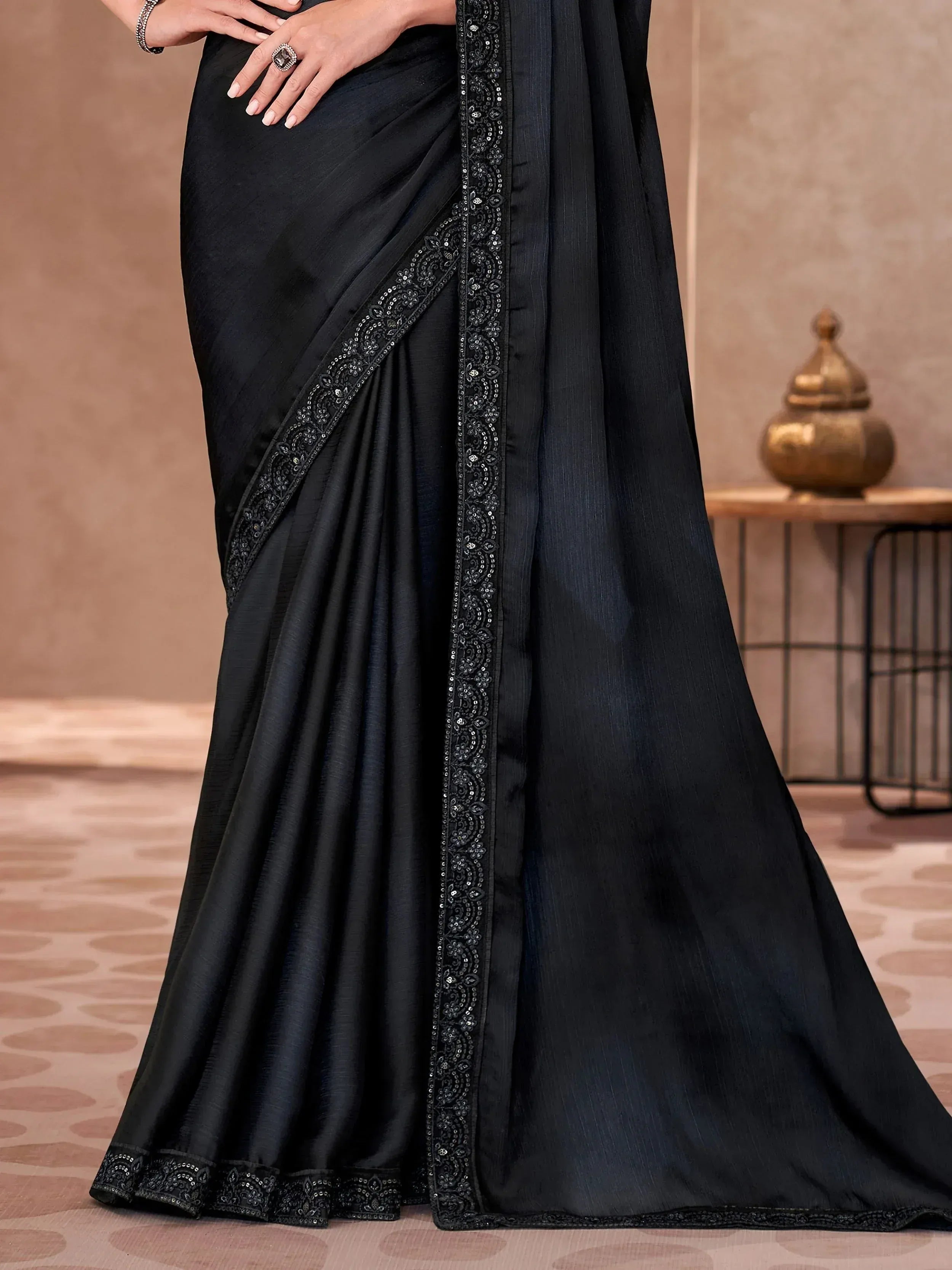 Black saree with sequin embroidery, ethnic Indian wear for women