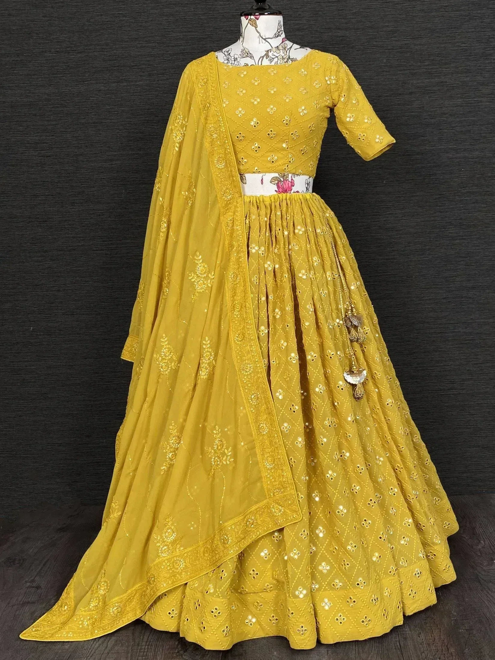 Yellow embroidered lehenga choli with dupatta, Indian ethnic wear for women