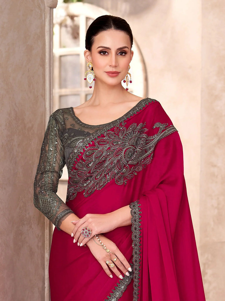 Beautiful Red Chiffon Sequins Work Traditional Saree With Blouse