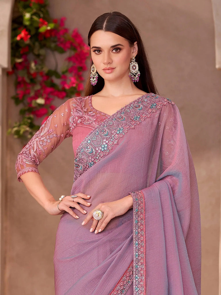 Amazing Pink Georgette Border Work Function Wear Saree With Blouse