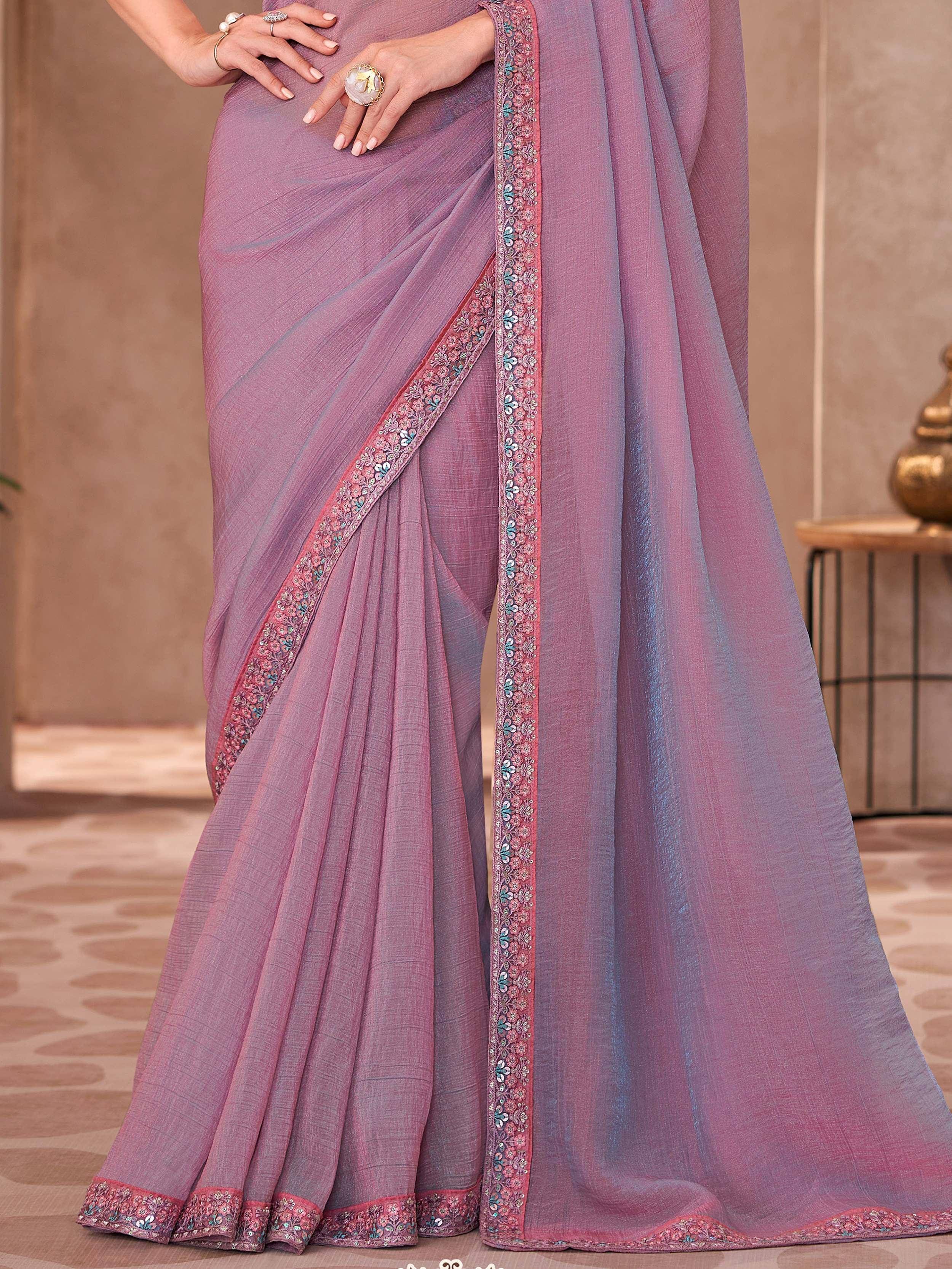 Purple designer saree with floral embroidery and sequin border, Indian ethnic wear