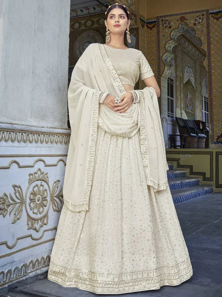Cream embroidered lehenga choli with dupatta, Indian ethnic wear for weddings and festivals