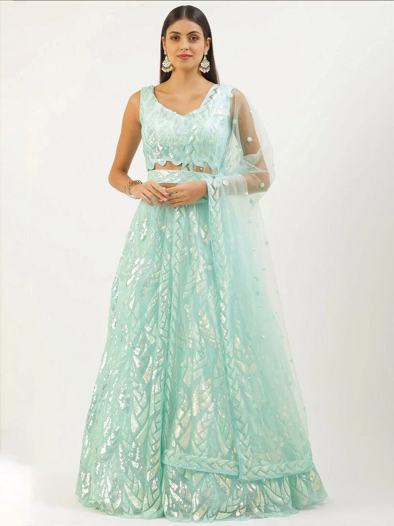 Outstanding Sky Blue Sequins Net Lehenga Choli With Dupatta