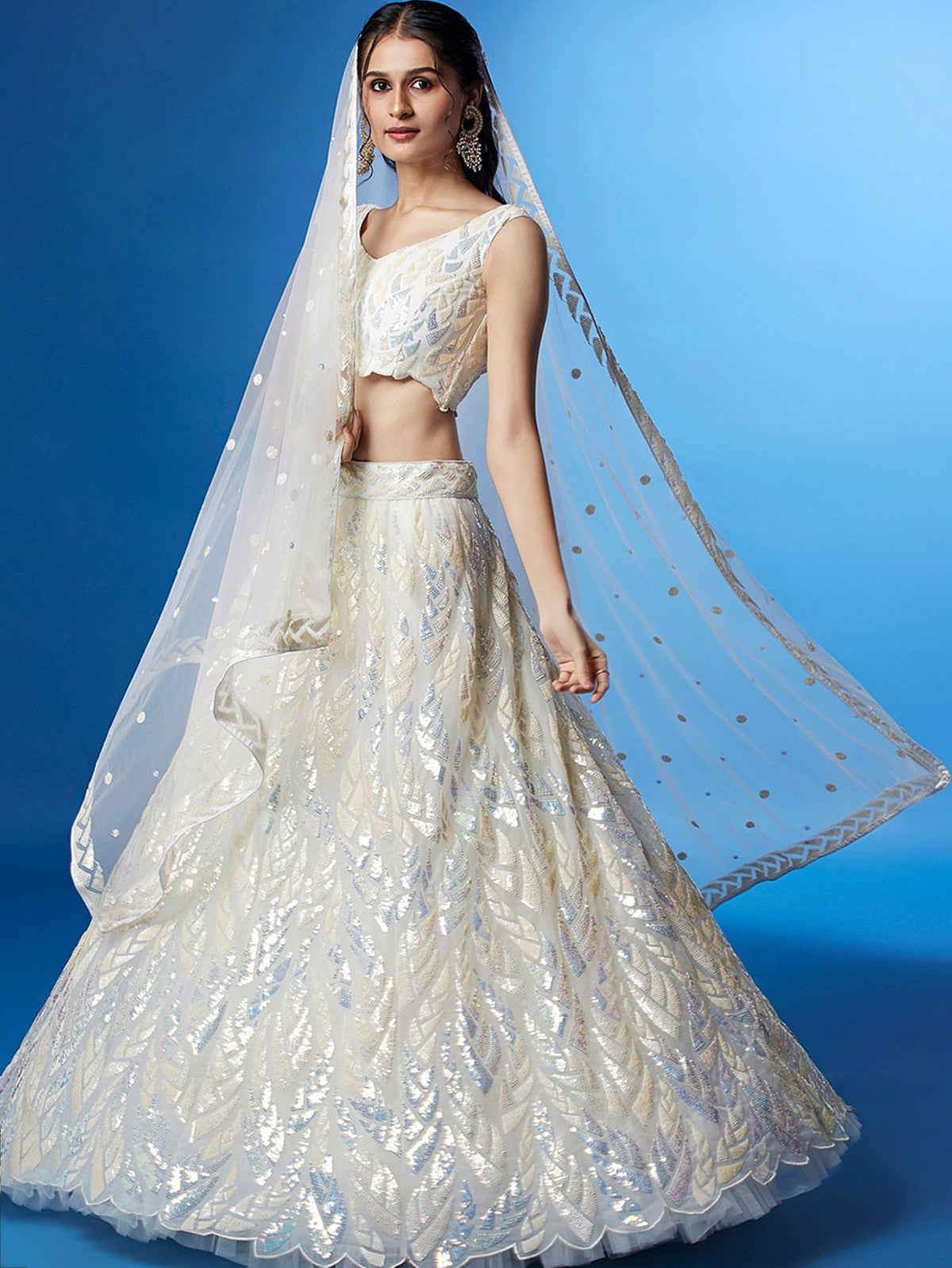 Beautiful Off-White Sequins Net Engagement Wear Lehenga Choli