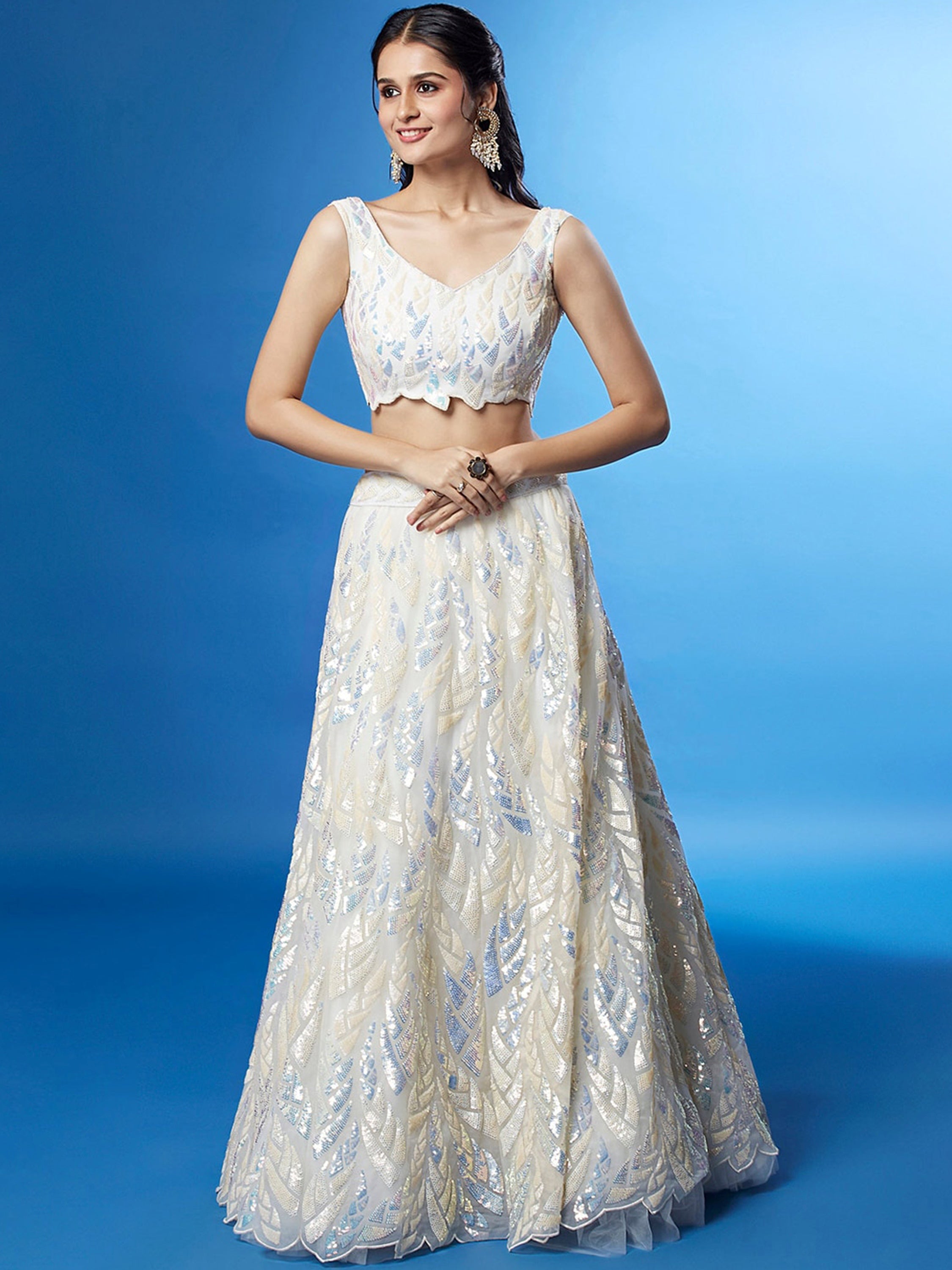 Beautiful Off-White Sequins Net Engagement Wear Lehenga Choli