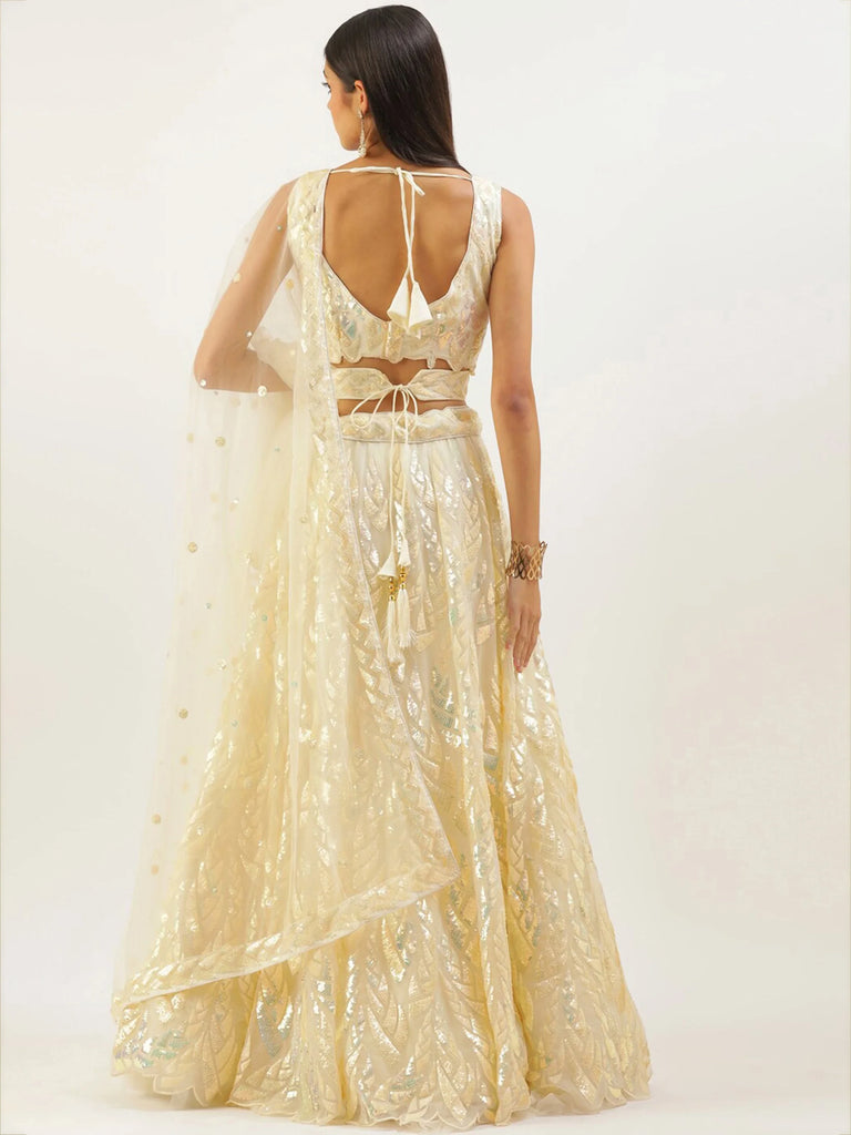Attractive Beige Sequins Net Wedding Wear Lehenga Choli With Dupatta