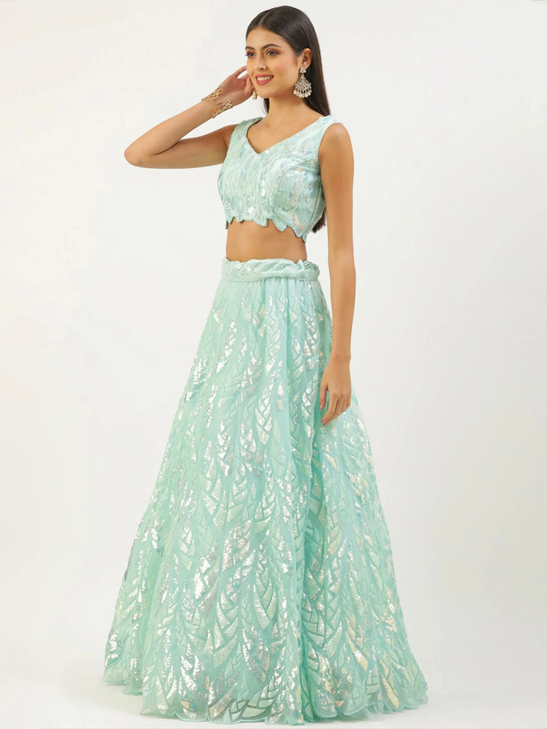 Outstanding Sky Blue Sequins Net Lehenga Choli With Dupatta