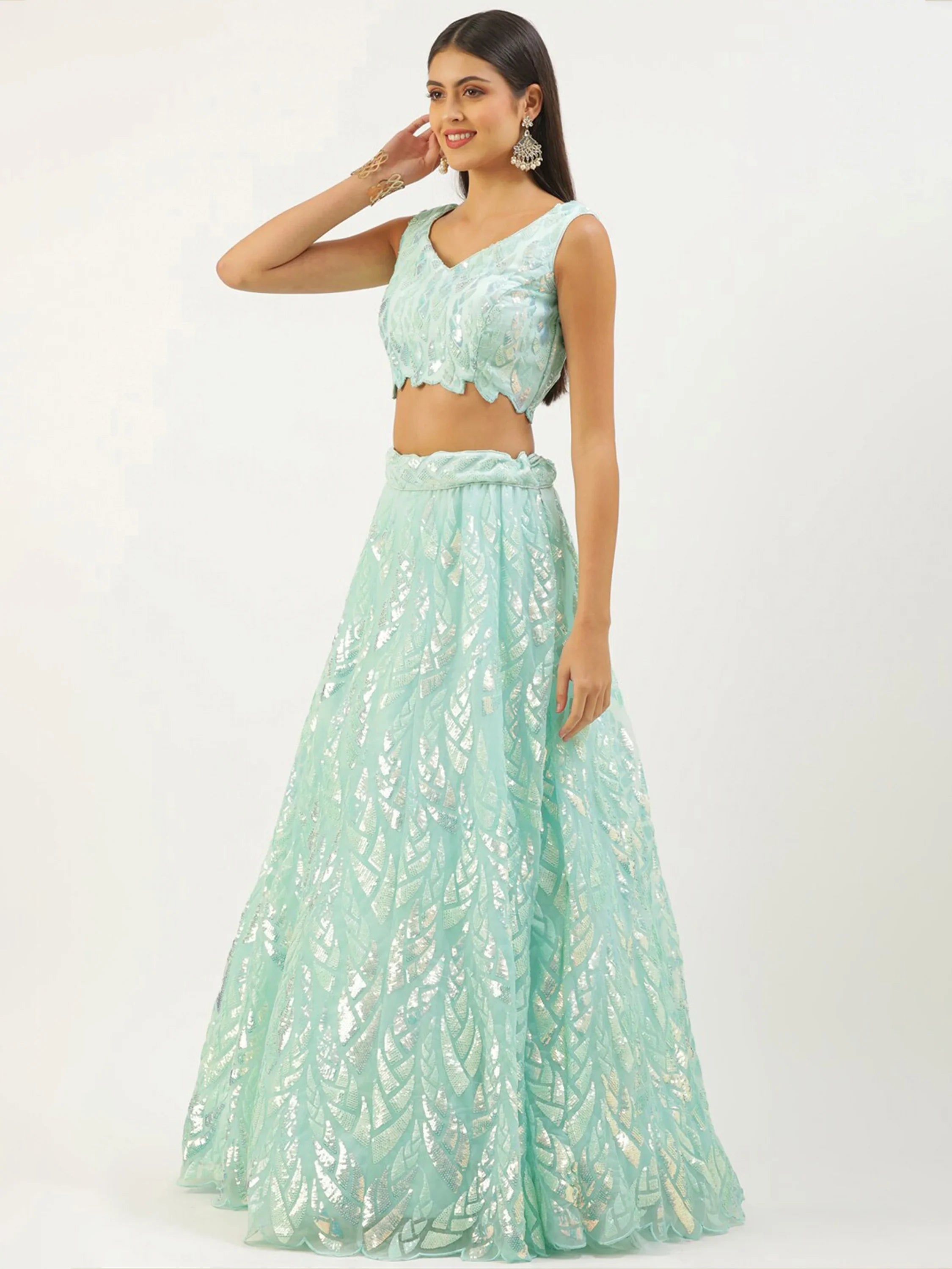 Outstanding Sky Blue Sequins Net Lehenga Choli With Dupatta