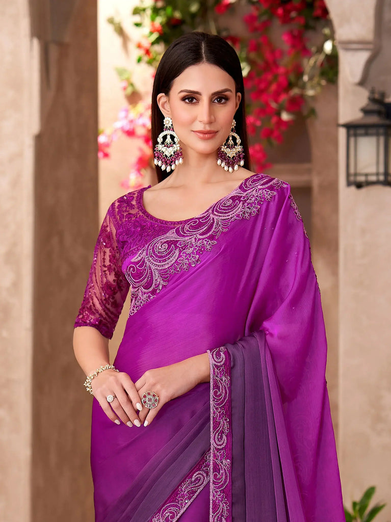 Awesome Violet Chiffon Border Work Reception Wear Saree With Blouse