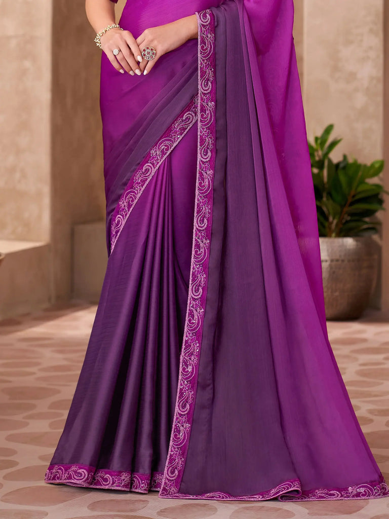 Awesome Violet Chiffon Border Work Reception Wear Saree With Blouse