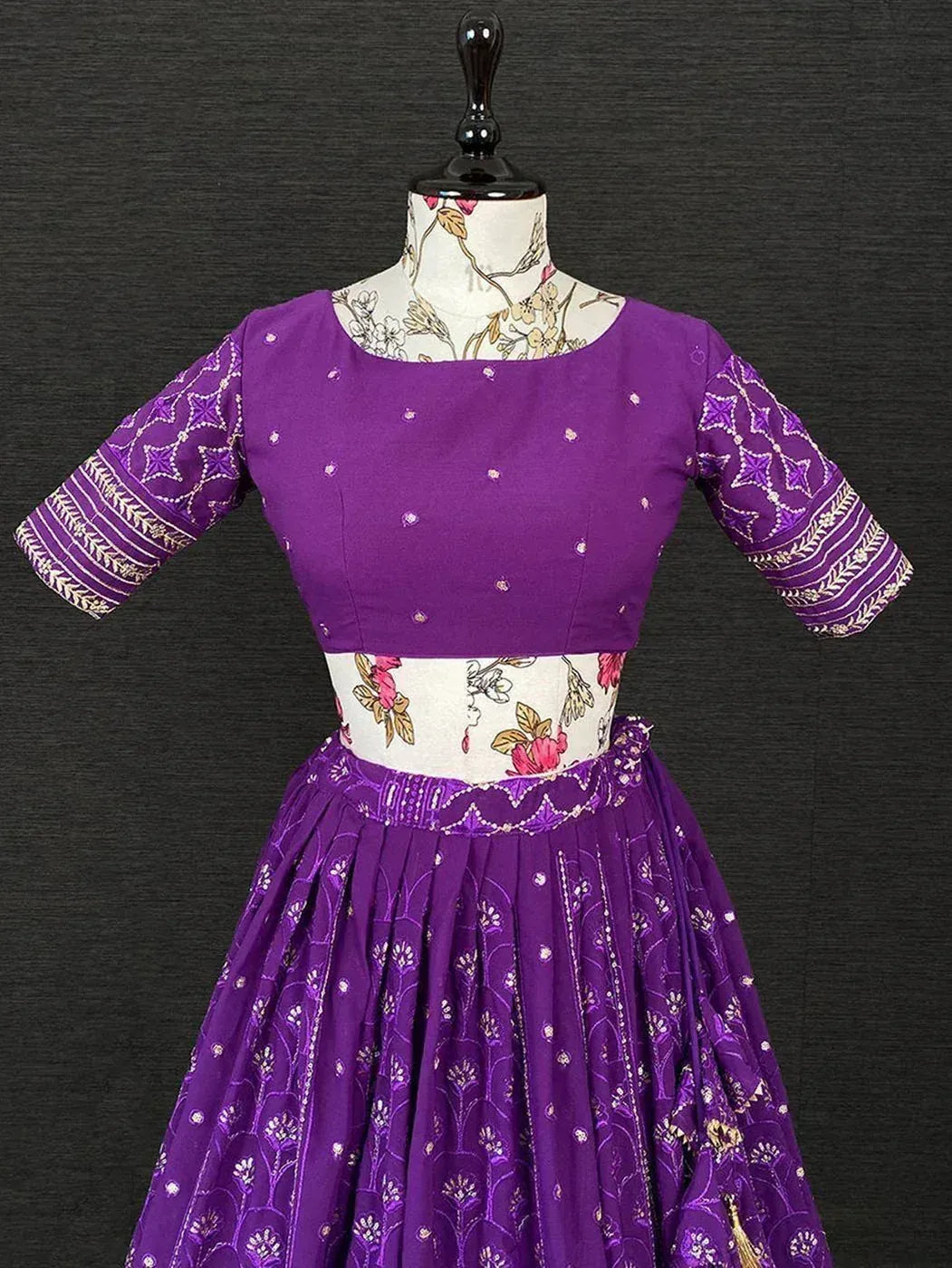 Purple embroidered lehenga choli with floral print blouse, ethnic Indian wear for women