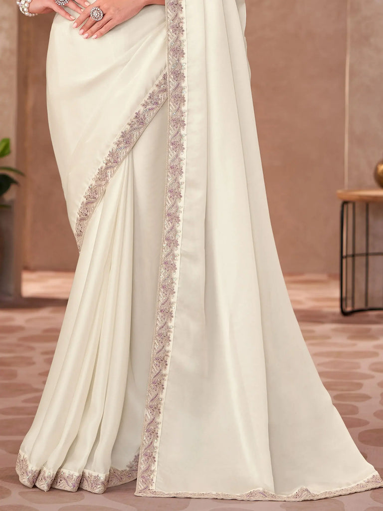 Attractive White Georgette Border Work Engagement Wear Saree