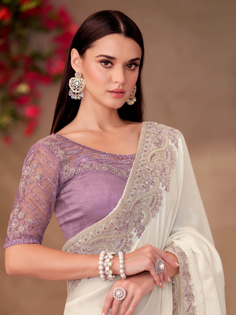 Attractive White Georgette Border Work Engagement Wear Saree