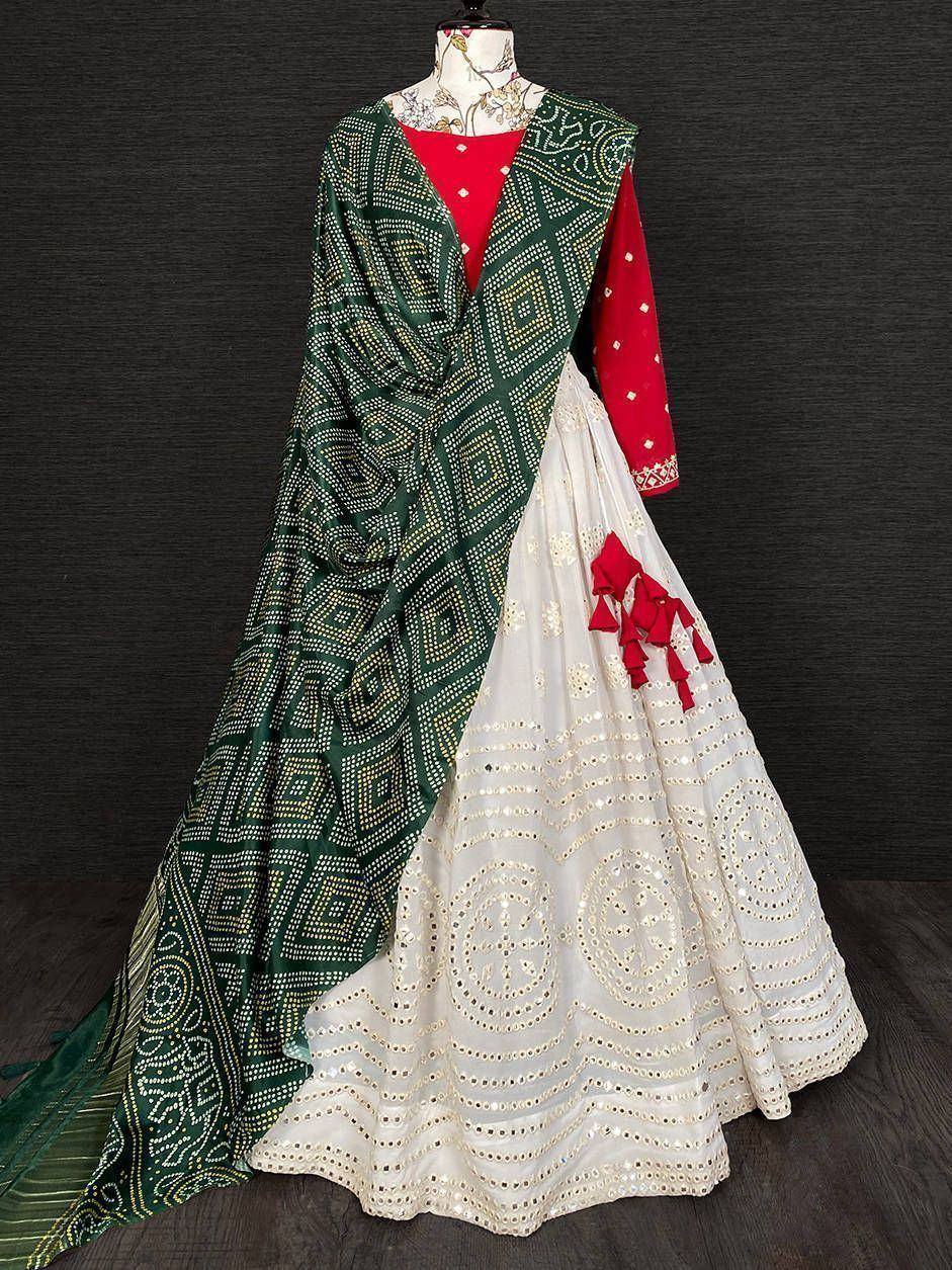 White embroidered lehenga with red blouse and green patterned dupatta, Indian ethnic wear