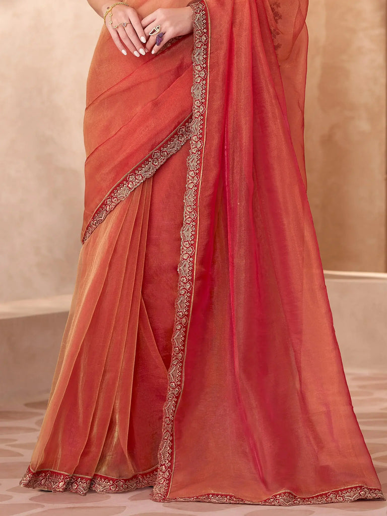 Lavishing Orange Tissue Border Work Saree With Blouse
