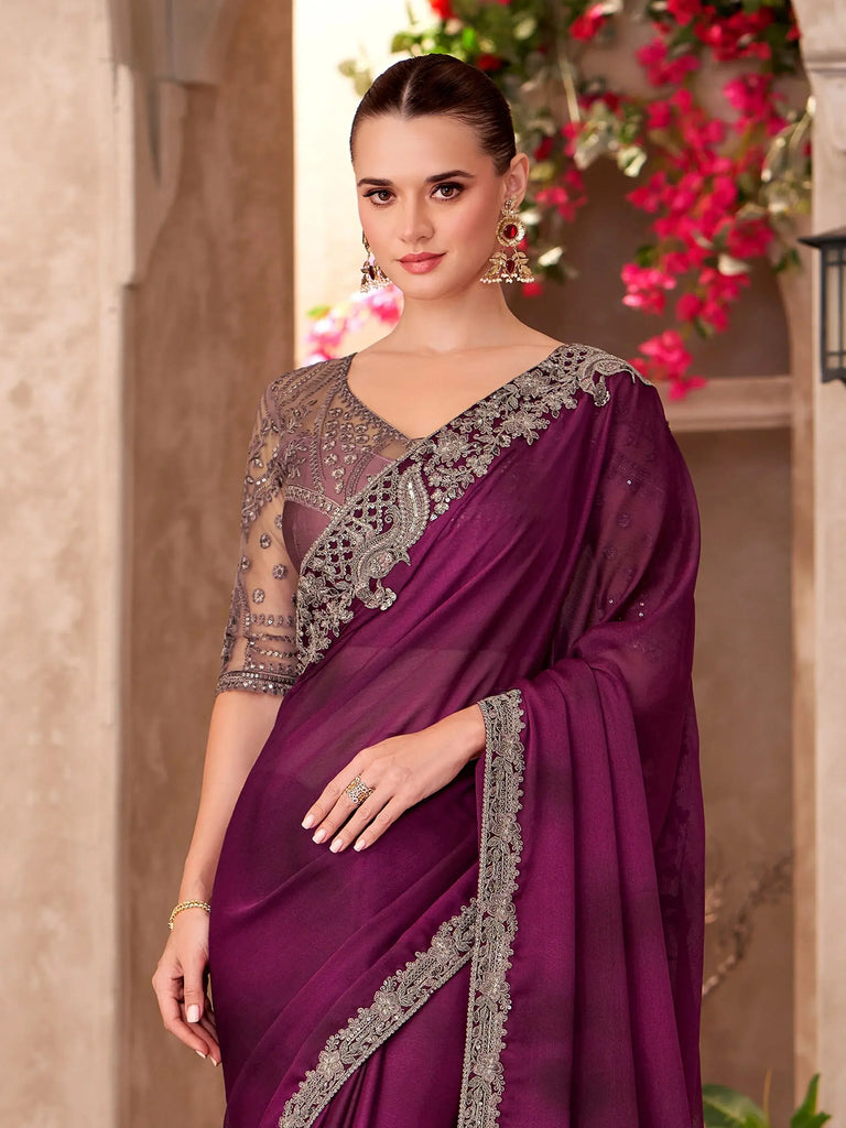Ravishing Wine Chiffon Border Work Traditional Saree With Blouse