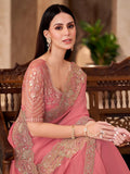 Impressive Peach Georgette Border Work Festival Wear Saree With Blouse