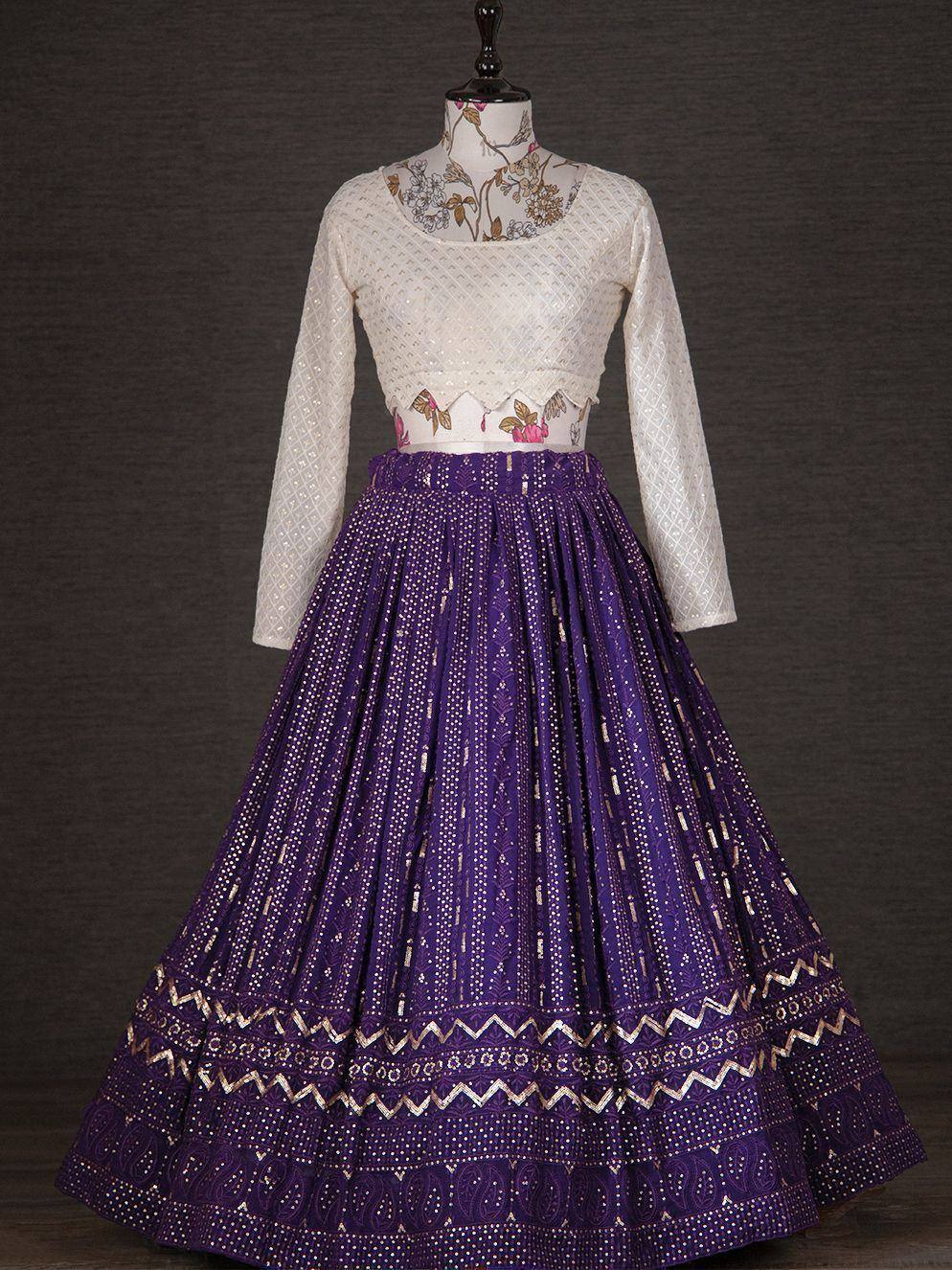 Purple embroidered lehenga with white floral blouse, Indian ethnic wear for weddings and festivals
