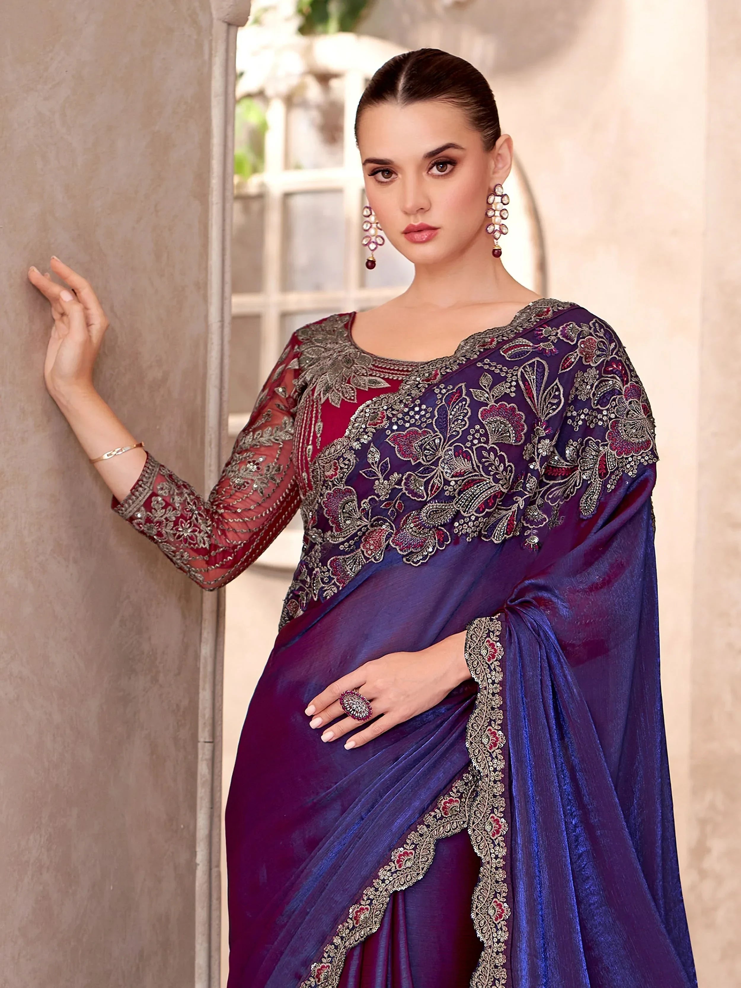 Marvelous Blue Georgette Floral Embroidered Saree With Blouse