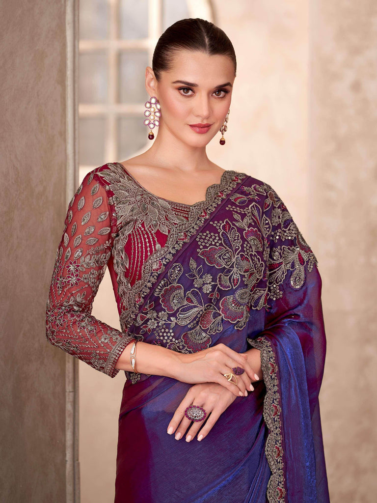 Marvelous Blue Georgette Floral Embroidered Saree With Blouse