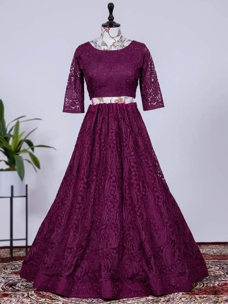 Astounding Purple Net Embroidered Reception Wear Lehenga Choli