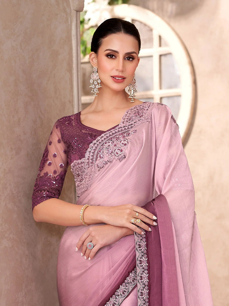 Delicate Baby Pink Chiffon Designer Ombre Saree With Blouse